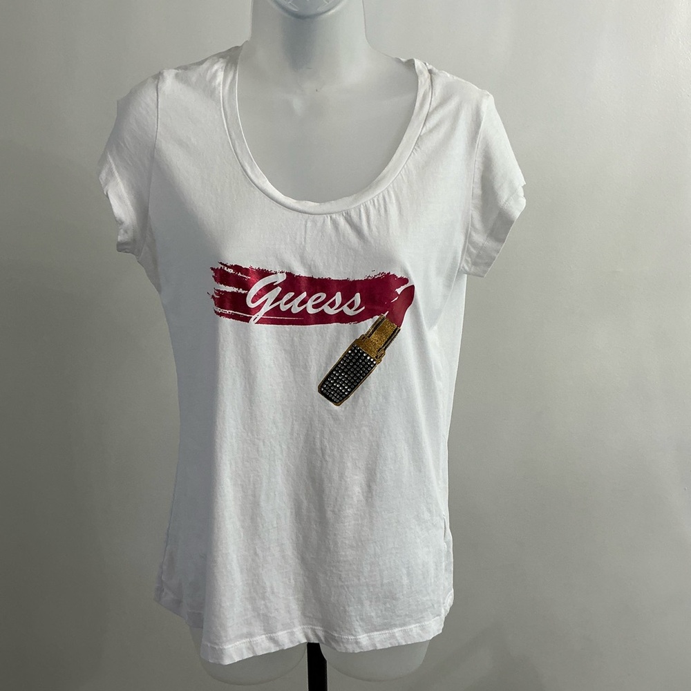 Guess Women’s White Lipstick Graphic Print Shirt  Size XL